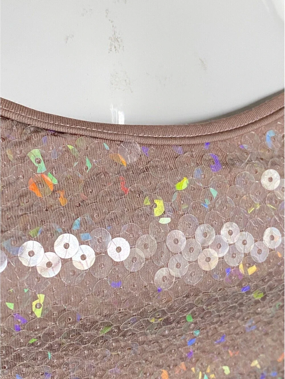 Vintage CHANEL 2005 FR-38 Sequin Tank Top Brown Beige CC Logo 05P Small